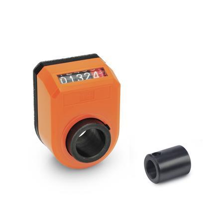  VZPM Position indicator, mechanical with adapter bushing Installation (Front view): AN - On the chamfer, above
Hollow shaft / adapter bushing material: ST - Steel
Surface / material: OR - Orange, RAL 2004