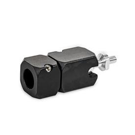  TGK Kugelgelenk-Klemmhalter, Aluminium Typ: A - mit Bohrung<br />Ausstattung: S - Kugelstück mit Außengewinde<br />Schraubstelle: D - Gewindestift mit Innensechskant Edelstahl (DIN 913)<br />Oberfläche: S - schwarz eloxiert