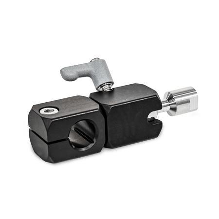  TGK Swivel ball joint clamp mountings, aluminum Typ: Q - With cross hole
Version: I - Ball element with internal thread
Screw point: 8 - With adjustable hand lever, lever zinc-die-cast textured powder-coated, Silver RAL 9006
Surface: S - Anodized black