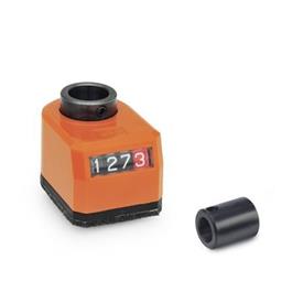 VZPM Position indicator, mechanical with adapter bushing Installation (Front view): AR - On the chamfer, below<br />Hollow shaft / adapter bushing material: ST - Steel<br />Surface / material: OR - Orange, RAL 2004