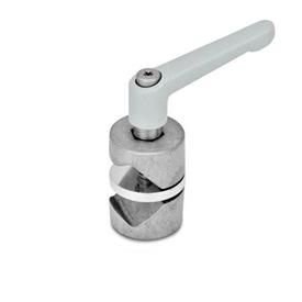  GMV Joint clamps, swiveling, aluminum Type: 8 - with adjustable hand lever, lever zinc-die-cast textured powder-coated, Silver RAL 9006 for surface 2 / G  | Lever stainless steel precision-cast AISI CF-8, blasted, matt for surface ED, Threaded insert stainless steel AISI 303, screw A1 and hex nut DIN 934-A2<br />Surface: G - Tumbled, glide coating, matt