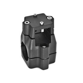  KMU.E Cross linear unit connectors, multi-piece, unequal bore dimensions, aluminum Surface: 2 - Black, textured powder-coated, RAL 9005<br />d<sub>1</sub> / s<sub>1</sub>: V - Square<br />d<sub>2</sub> / s<sub>2</sub>: B - Bore