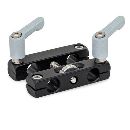  VGP Adjustable parallel clamp mountings, aluminum Type: 8 - With two adjustable hand levers, lever zinc-die-cast textured powder-coated, Silver RAL 9006 and two hex socket cap screws stainless steel
Finish: S - Aluminum, black anodized
