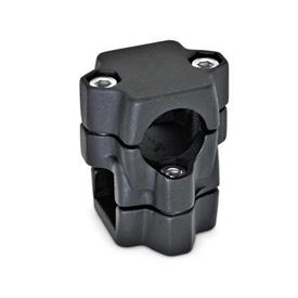  KM Cross clamps, multi-piece, aluminum d1/s1: B - Bore<br />d2/s2: V - Square<br />Finish: 2 - Black, textured powder-coated, RAL 9005