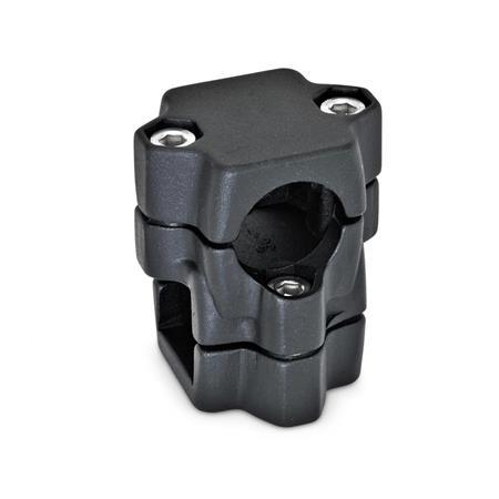  KM Kreuz-Klemmverbinder, mehrteilig, Aluminium d1/s1: B - Bohrung
d2/s2: V - Vierkant
Oberfläche: 2 - strukturiert pulverbeschichtet, Schwarz, RAL 9005