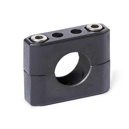  CM Schellen-Klemmverbinder, mehrteilig, Aluminium d<sub>1</sub> / s<sub>1</sub>: B - Bohrung
Oberfläche: 2 - strukturiert pulverbeschichtet, Schwarz, RAL 9005