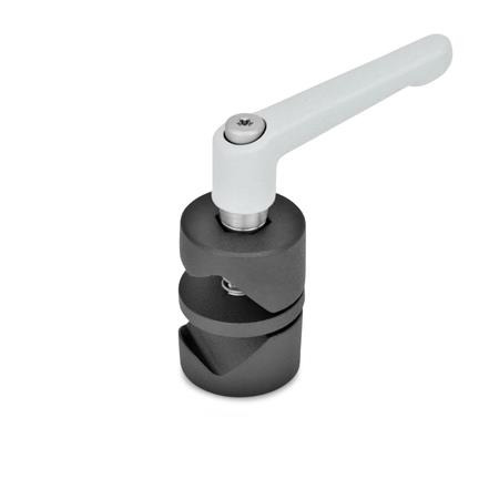  GMV Gelenk-Klemmverbinder, verdrehbar, Aluminium Typ: 8 - mit Klemmhebel, Griffkörper Zink-Druckguss strukturiert pulverbeschichtet, Silber RAL 9006 bei Oberfläche 2 / G  | Griffkörper Edelstahl-Feinguss 1.4308 (A2), matt gestrahlt bei Oberfläche ED, Gewindeeinsatz Edelstahl 1.4305, Schraube A1 und Sechskantmutter DIN 934-A2
Oberfläche: 2 - strukturiert pulverbeschichtet, Schwarz, RAL 9005