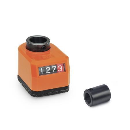  VZPM Position indicator, mechanical with adapter bushing Installation (Front view): AR - On the chamfer, below
Hollow shaft / adapter bushing material: ST - Steel
Surface / material: OR - Orange, RAL 2004