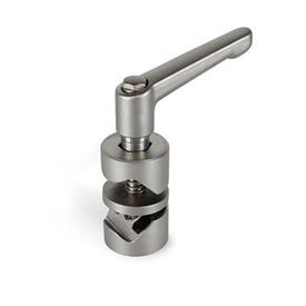  GMV Joint clamps, swiveling, stainless steel Type: 8 - with adjustable hand lever, lever zinc-die-cast textured powder-coated, Silver RAL 9006 for surface 2 / G  | Lever stainless steel precision-cast AISI CF-8, blasted, matt for surface ED, Threaded insert stainless steel AISI 303, screw A1 and hex nut DIN 934-A2