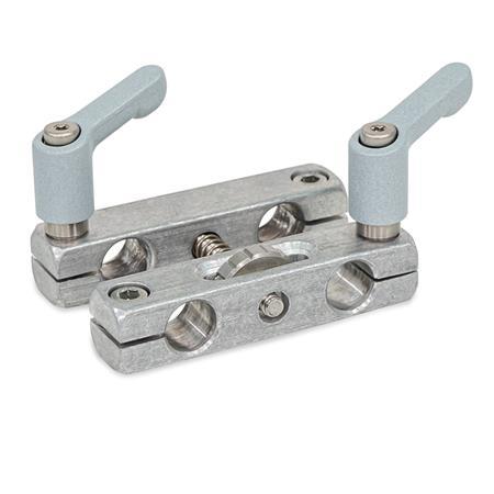  VGP Adjustable parallel clamp mountings, aluminum Type: 8 - With two adjustable hand levers, lever zinc-die-cast textured powder-coated, Silver RAL 9006 and two hex socket cap screws stainless steel
Finish: G - Aluminum tumbled, matt