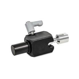  TGK Swivel ball joint clamp mountings, aluminum Typ: W - With bolt, aluminum<br />Version: I - Ball element with internal thread<br />Screw point: 8 - With adjustable hand lever, lever zinc-die-cast textured powder-coated, Silver RAL 9006<br />Surface: S - Anodized black