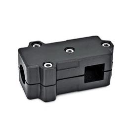  TMD T-clamps, multi-piece, aluminum d<sub>1</sub> / s<sub>1</sub>: B - Bore<br />d<sub>2</sub> / s<sub>2</sub>: V - Square<br />Surface: 2 - Black, textured powder-coated, RAL 9005