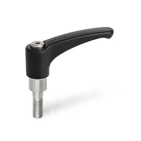  HSK.P Adjustable hand levers for plastic tube clamps Surface: 2 - Polyamide (PA), glass fiber reinforced, Black-gray matt, temperature resistant up to 130 °C / threaded insert stainless steel AISI 303 (A1), RAL 7021