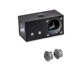  YLD L-angle gears, for double tube linear units Surface: 2 - Black, textured powder-coated, RAL 9005<br />Type: A - Angle gear box + bevel gear wheel set