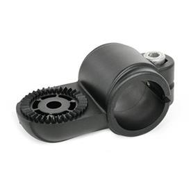  LSQ.P Swivel clamps, plastic Type: AV - With external serration<br />Surface: 2 - Polyamide (PA), glass fiber reinforced, Black matt, temperature resistant up to 100 °C, RAL 9005