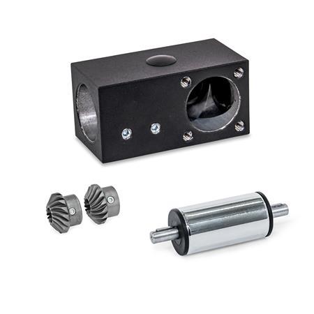  YLD L-angle gears, for double tube linear units Surface: 2 - Black, textured powder-coated, RAL 9005
Type: B - Angle gear box + bevel gear wheel set + drive unit (steel chrome plated)